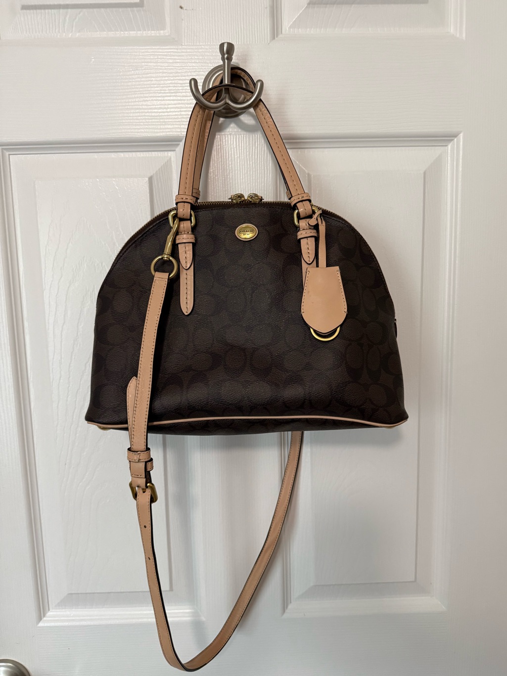 Coach Brown Signature Domed Satchel Purse Handbag Shoulder Or Cross-Body Bag
